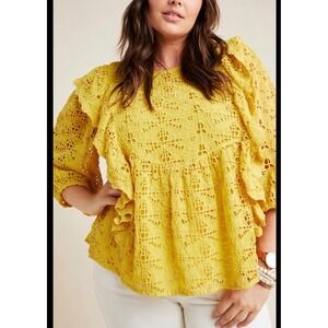 Anthropologie Yellow‎ Lace Long Sleeve Ruffle Blouse Top Size 10 Boho Romantic